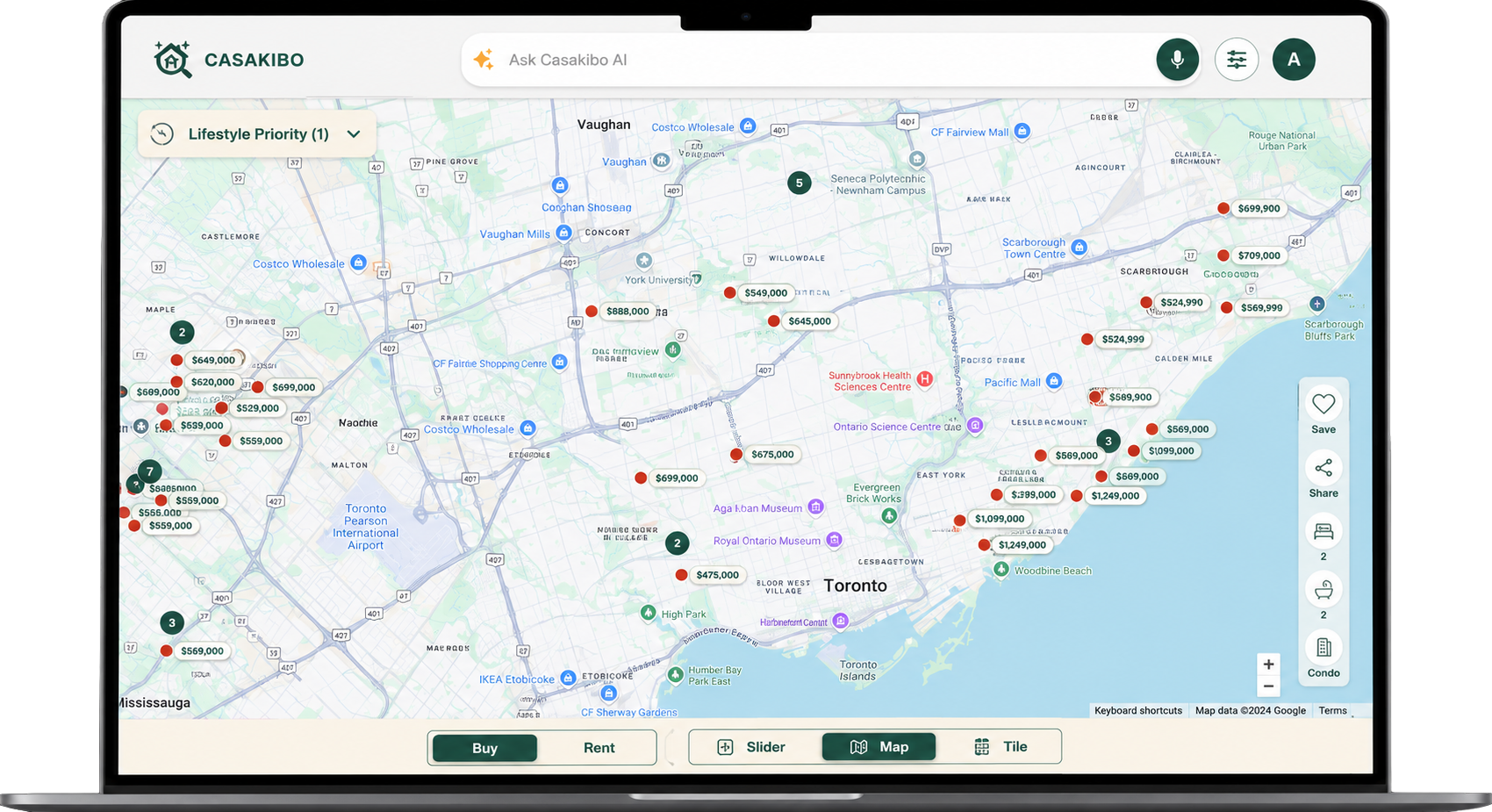 Map view with price pins across Toronto