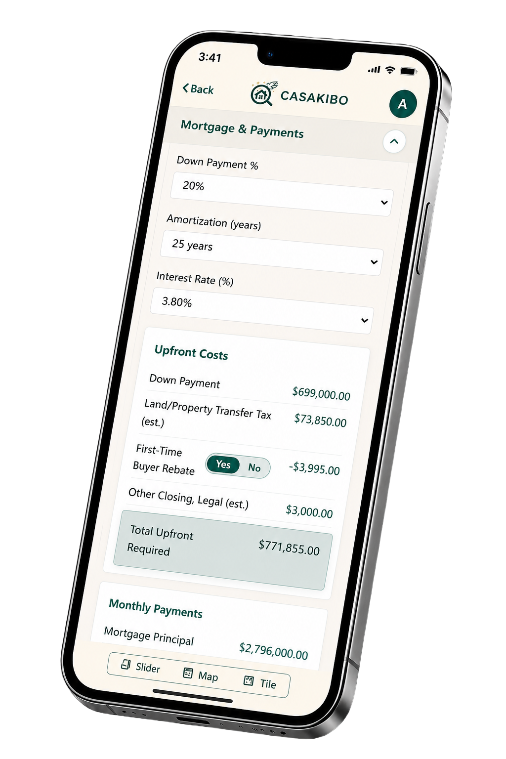 Built-in mortgage and payments calculator
